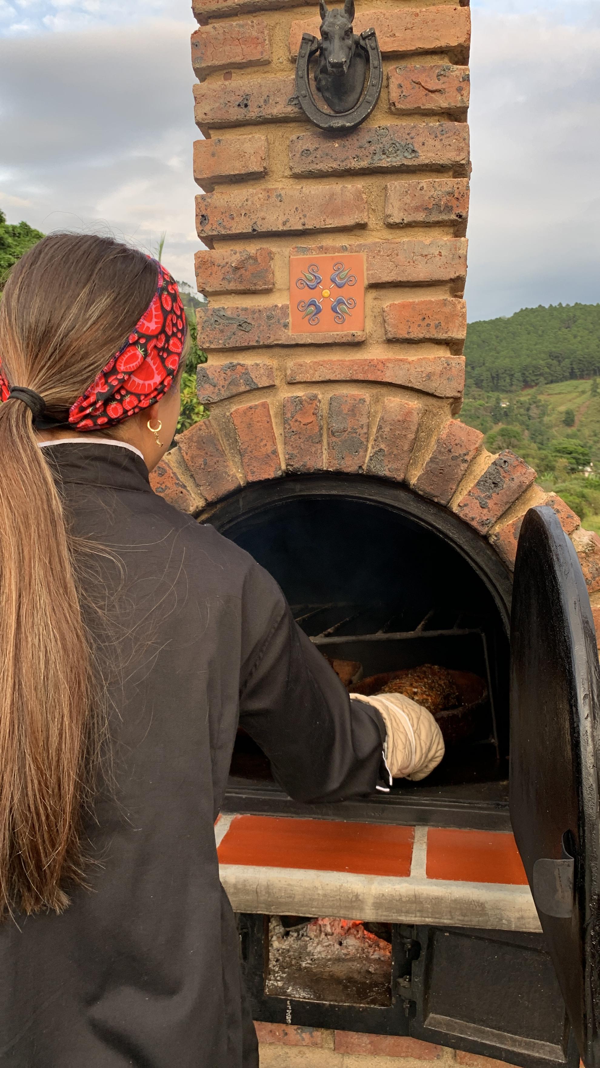 Horno de leña de ladrillo con puerta de hierro fundido